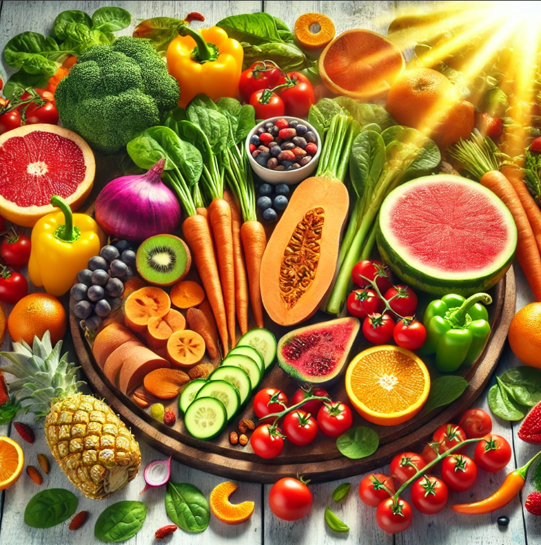 A variety of colorful fruits and vegetables known to boost melanin production and enhance tanning