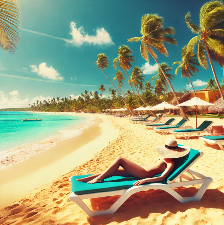 Beautiful tropical beach with golden sand and clear blue skies