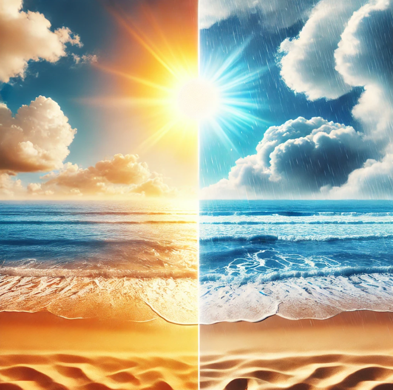 A sunny and cloudy beach split down the middle, representing different tanning conditions